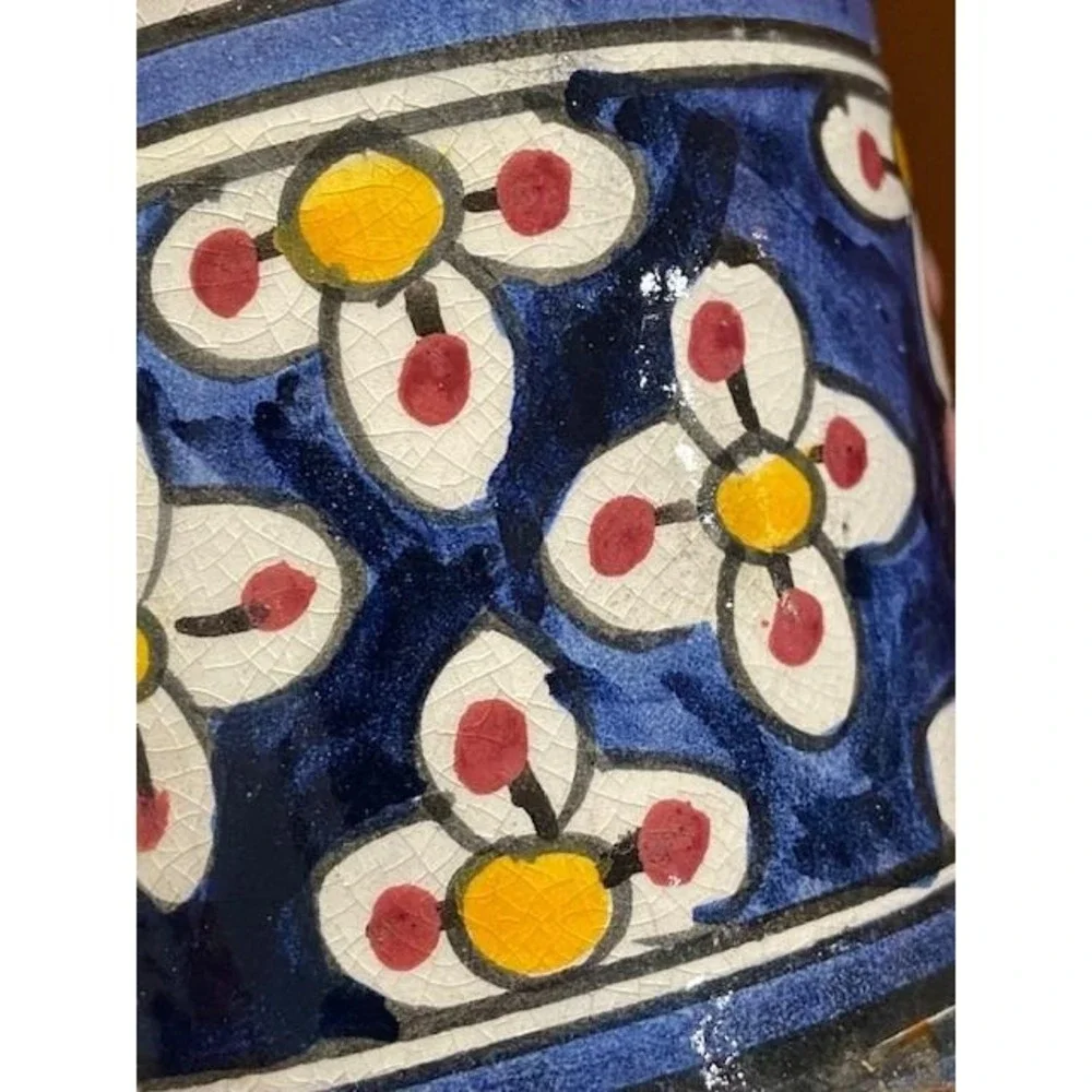 Safi Moroccan Pottery Planter Hand Painted Floral Vintage Blue Yellow